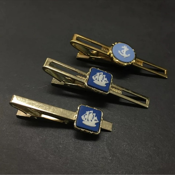 WEDGWOOD Gold Tone Tie Pin Clip Cufflinks Set of 5 - Picture 3 of 8
